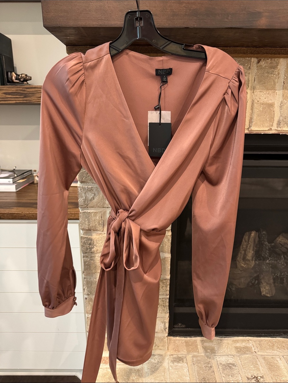 NBD Satin Wrap Blouse in Rose Brown